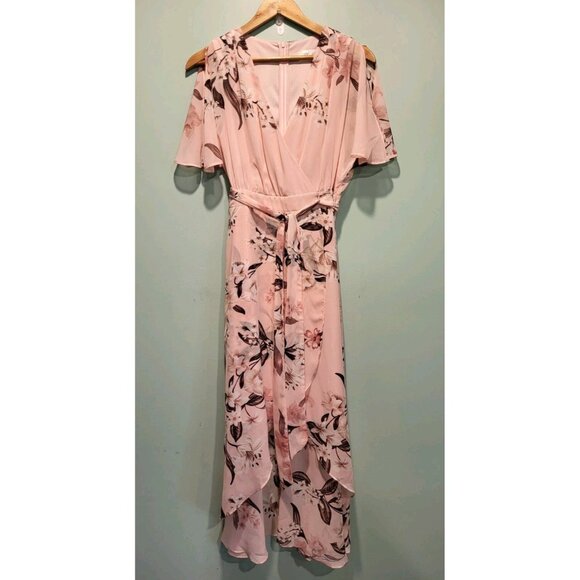 Eliza J Dresses & Skirts - Pink Floral Feminine Flutter Sleeve Hi Low Flowy Dress Eliza J Sz 10 Fairy